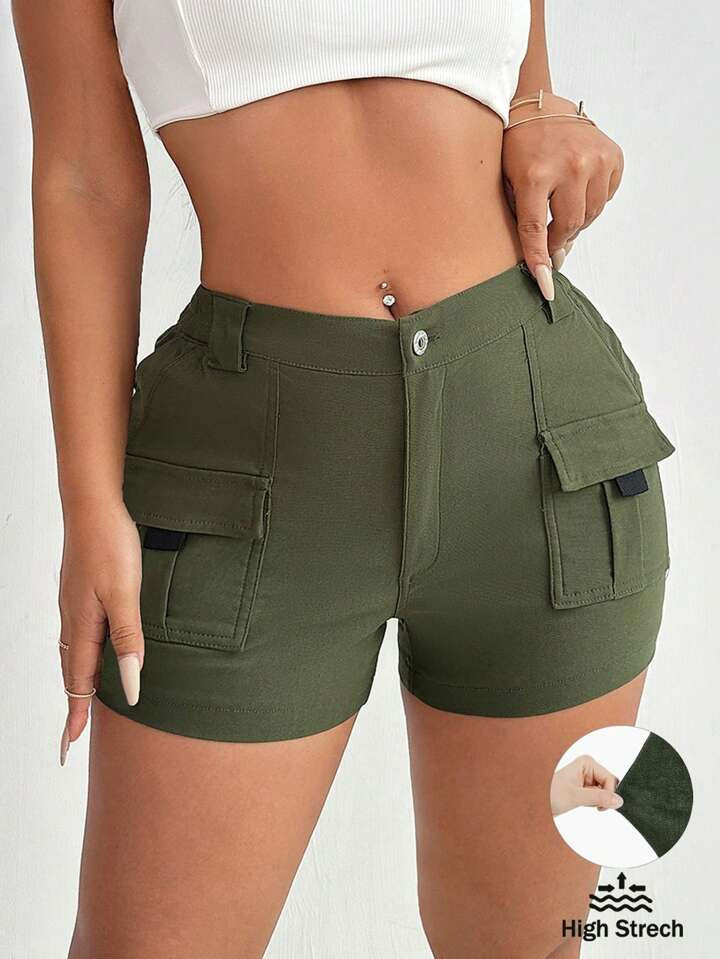 SHEIN SXY Pantalones Cortos Caqui De Verano De Cintura Alta Con Bolsillos Laterales Con Solapa | SHEIN