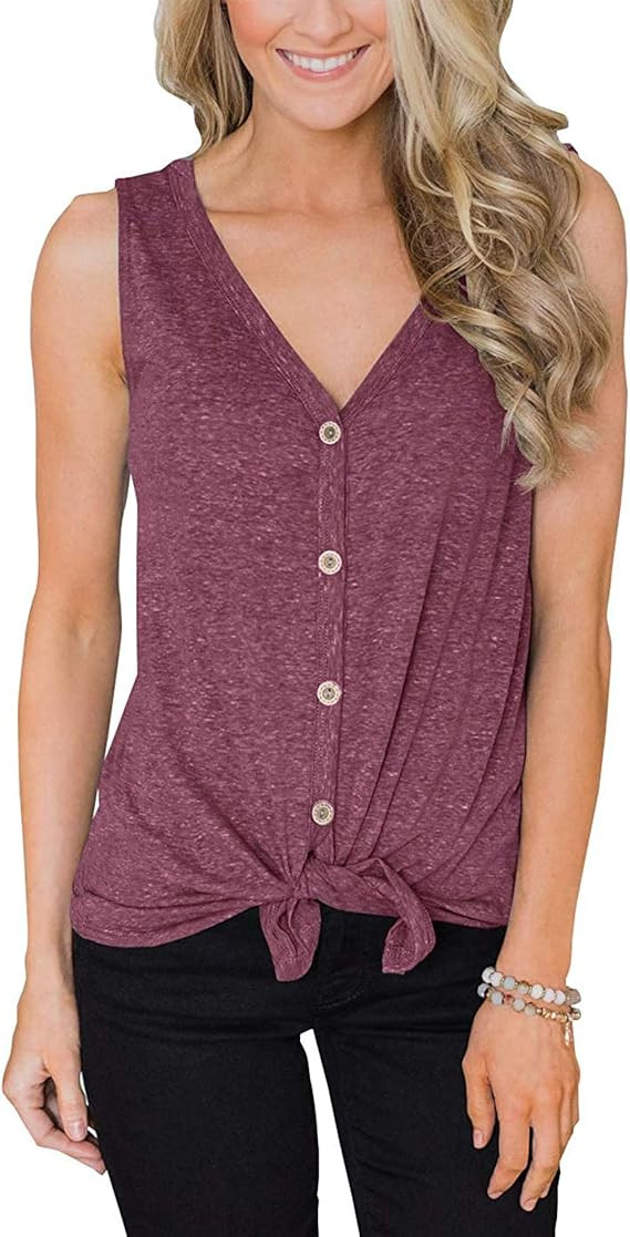 Bloggerlove Women's Button Up Tank Tops Tie Front Knot V Neck T-Shirts Casual Loose Sleeveless Bl... | Amazon (US)