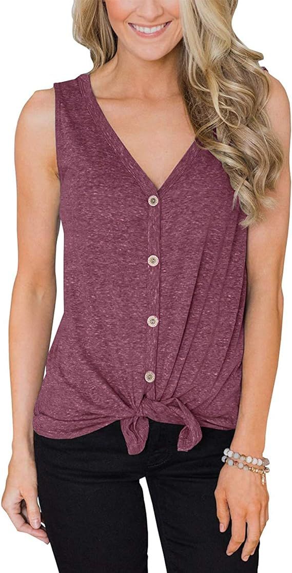Bloggerlove Women's Button Up Tank Tops Tie Front Knot V Neck T-Shirts Casual Loose Sleeveless Bl... | Amazon (US)