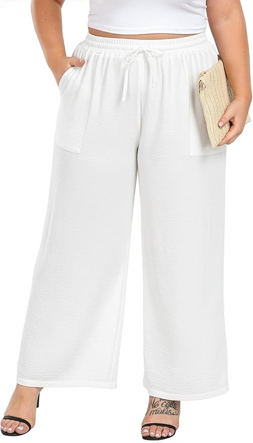 Lastshe Women's Plus Size Wide Leg Pants High Waist Loose Casual Palazzo Trousers with Pockets Sp... | Amazon (US)