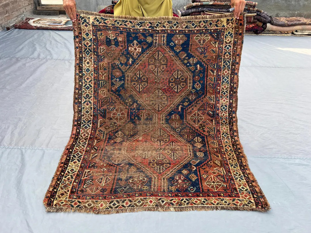 3'10 X 4'6 Ft Antique Caucasian Rug Low Pile Distressed Faded Rare Tribal Hand Knotted Wool Carpe... | Etsy (US)