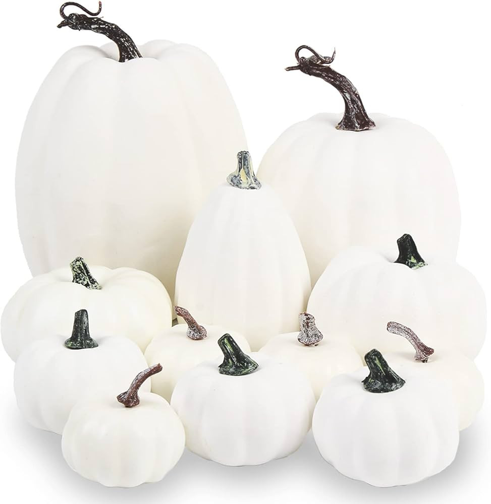 LOMIMOS 12pcs Halloween White Decorative Pumpkins,Assorted Size Artificial Pumpkins for DIY Fall ... | Amazon (US)