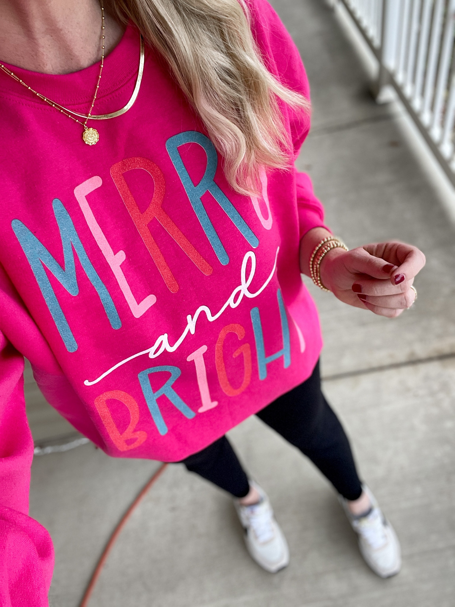 Merry and bright sweatshirt, Christmas sweatshirt, holiday sweatshirt, always stylish mama, black joggers, Nikes, neutral Nikes 

#LTKstyletip #LTKunder50 #LTKHoliday