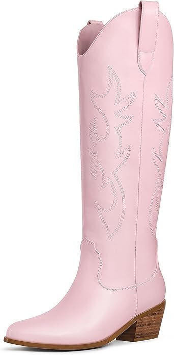 Ouepiano Cowboy Boots for Women Knee High Wide Calf Cowgirl Boots Embroidered Chunky Heels Pointe... | Amazon (US)