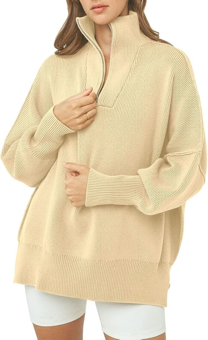 LILLUSORY Women's Long Sleeve 1/4 Zipper Collar Drop Shoulder Oversized Split Hem Slouchy Sweatsh... | Amazon (US)