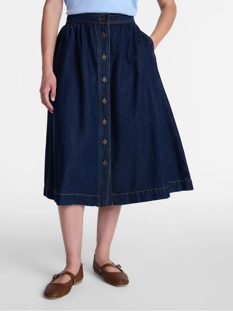 Time and Tru Women's Button Front Denim Midi Skirt, Sizes XS – XXXL - Walmart.com | Walmart (US)