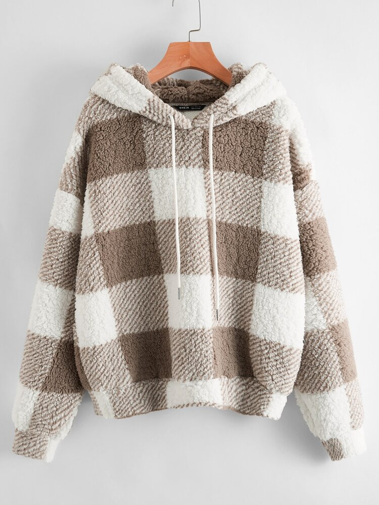 SHEIN Plush Plaid Teddy Drawstring Hoodie | SHEIN