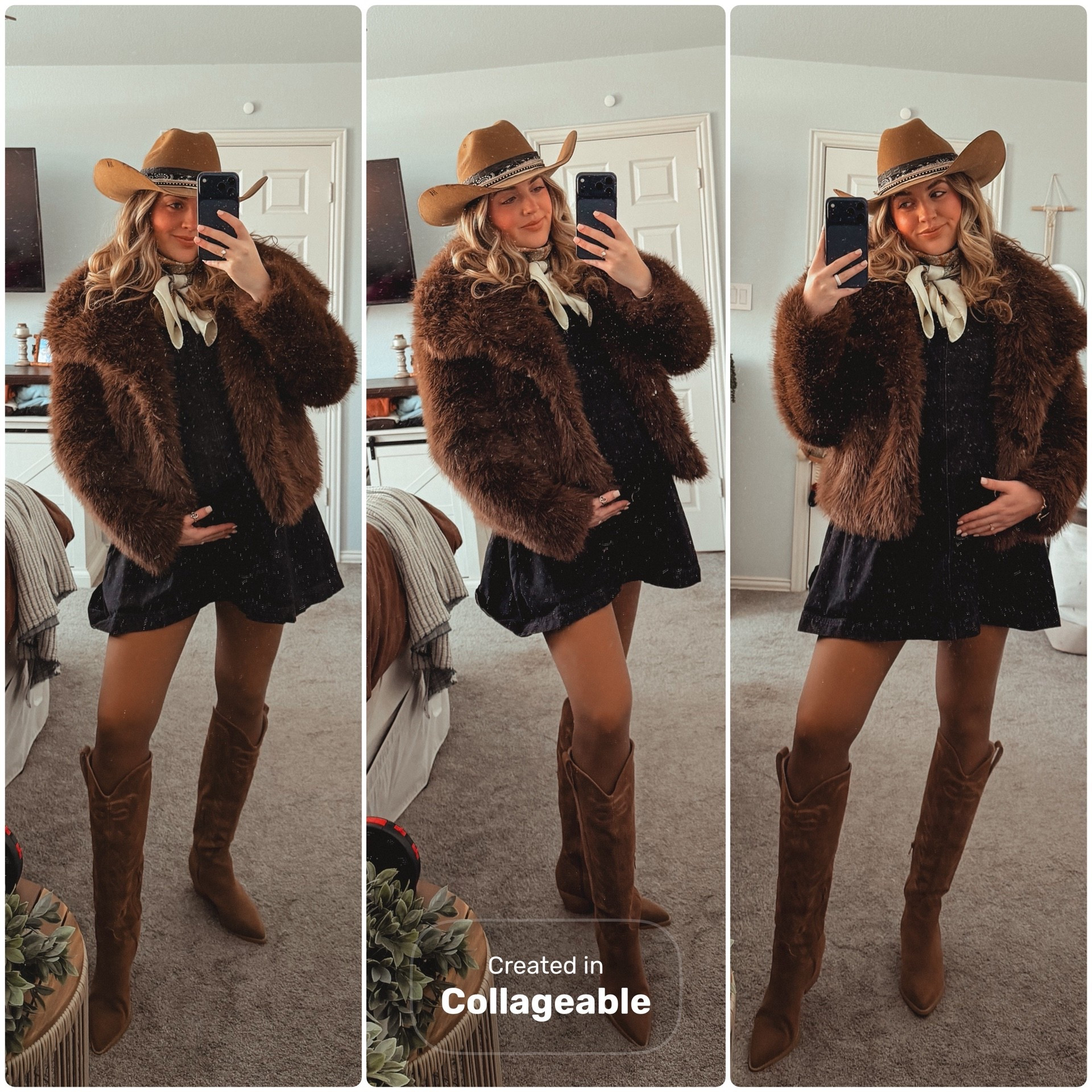 Country concert outfit. Winter outfit. Fur coat. Denim dress. Fleece lined tights. Cowboy boots. Cowboy hat. Maternity fashion. Bump friendly outfit. Cute outfit. Inspo  

#LTKBump #LTKSeasonal #LTKootd