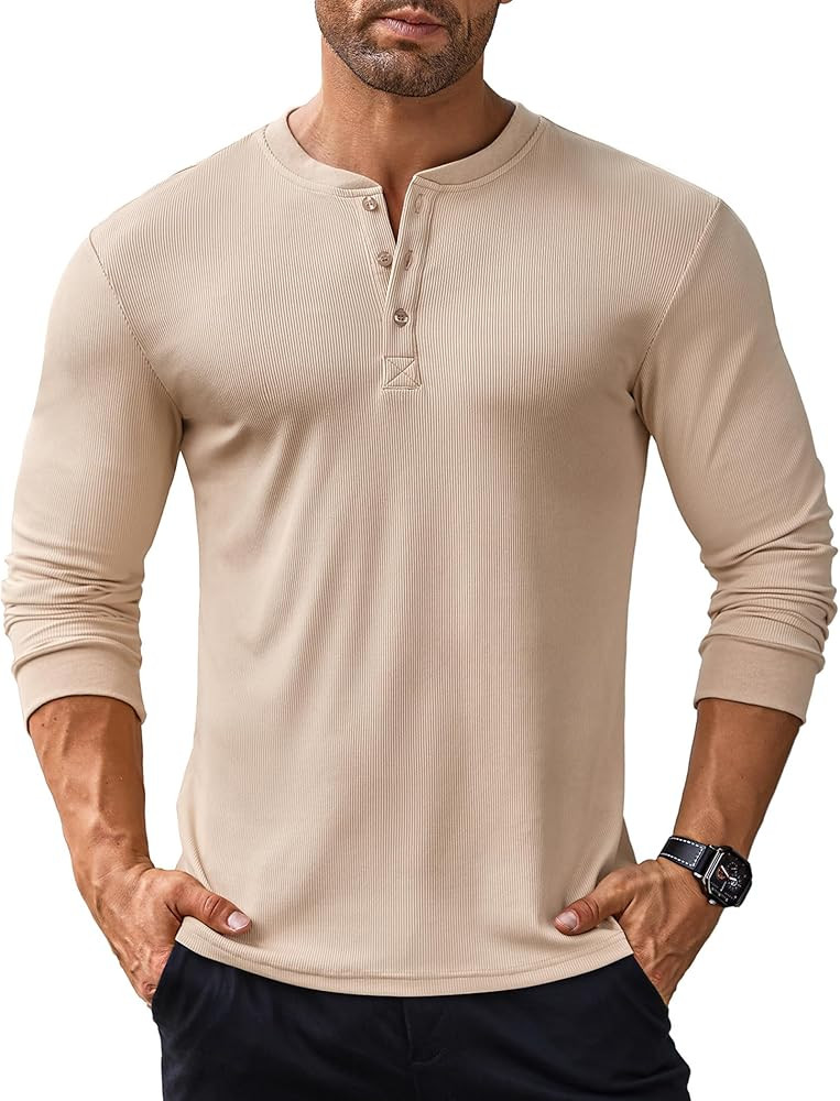 COOFANDY Men's Long Sleeve Henley Shirts Stretch Ribbed T-Shirts Fashion Casual Basic Tops | Amazon (US)