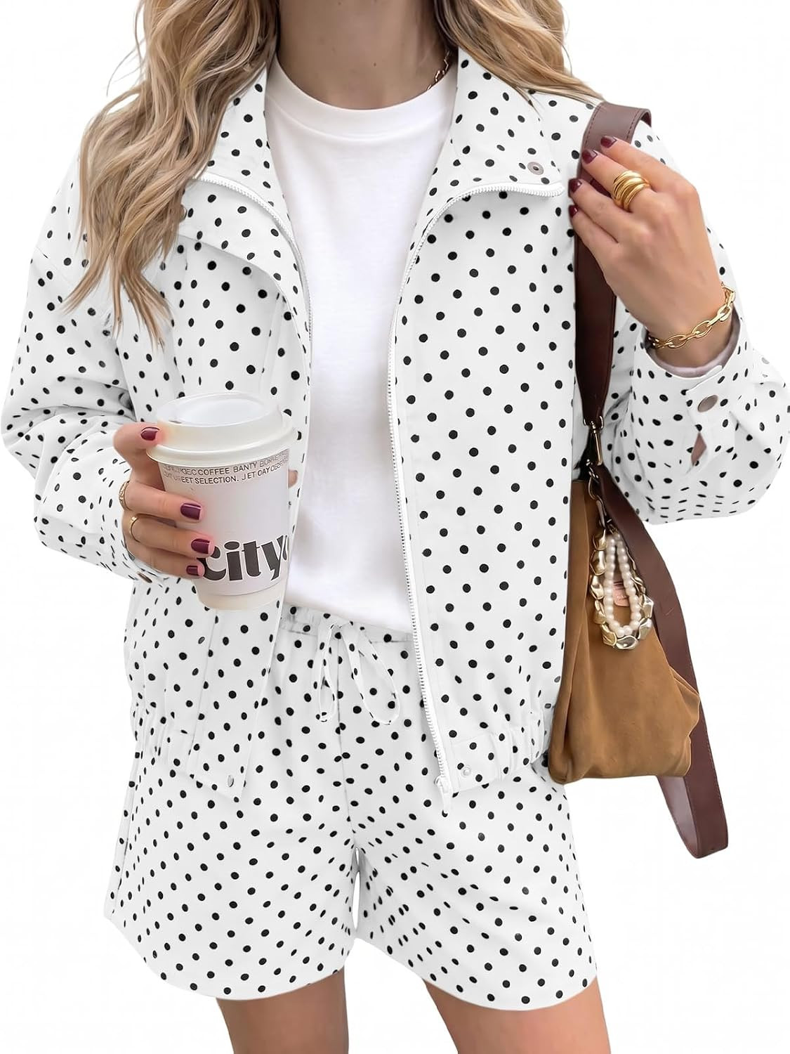 Tankaneo Womens Polka Dot 2 Piece Sets Zip Up Cropped Jackets Shorts Set | Amazon (US)
