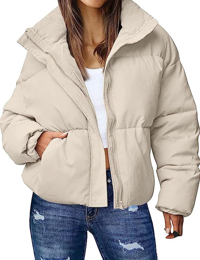 Wyeysyt Women's Winter Cropped Puffer Jacket Zip Long Sleeve Warm Short Coats Stand Collar Quilte... | Amazon (US)