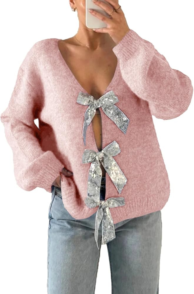 Womens V Neck Long Sleeve Sweaters Fall Trendy Sequin Bow Sexy Loose Knit Pullover Jumper Tops | Amazon (US)