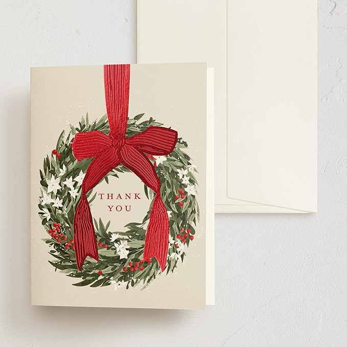 Minted Holiday Thank You Cards with Envelopes – 10 Pack Big Bow Christmas Wreath Design, Red Fo... | Amazon (US)
