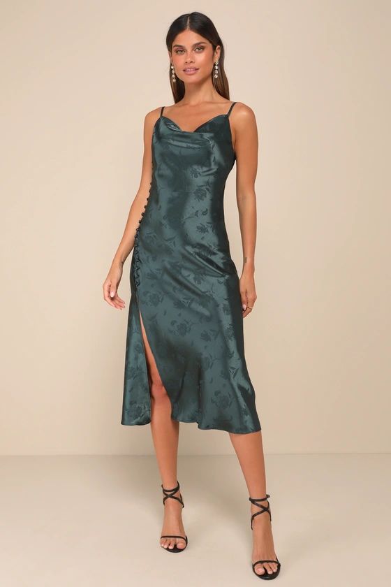All About You Emerald Green Floral Jacquard Satin Midi Dress | Lulus