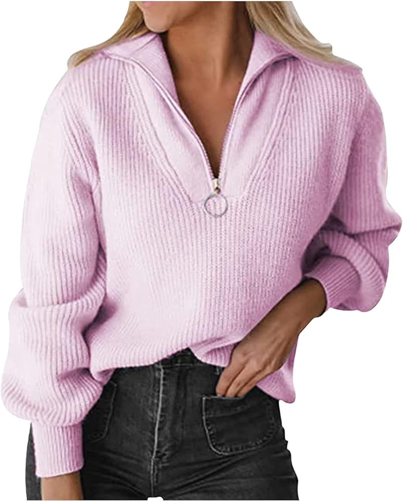 MOKINGTOP Women's Sweaters, Womens V Neck Zipper Up Sweaters Long Sleeve Pullover Casual Knitted Jum | Amazon (US)