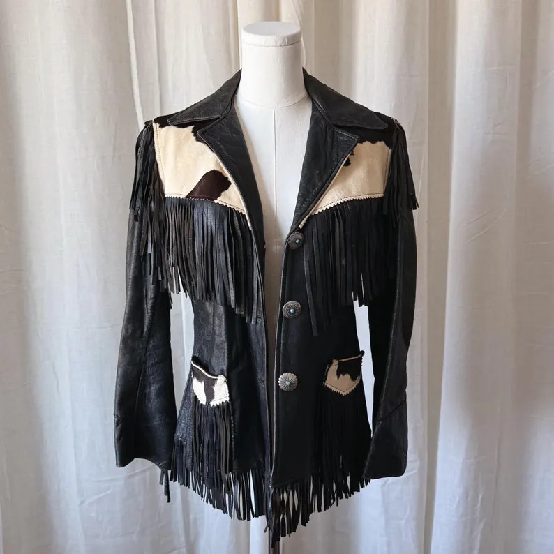 Size Small >> Vintage western women’s black leather fringe jacket with antique Navajo sterling ... | Etsy (US)