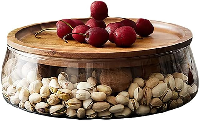 Glass Candy and Nuts Serving Container with Wooden Lid, Round Food Storage Platter, Snack Tray Br... | Amazon (US)
