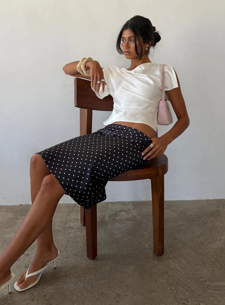 Somani Satin Midi Skirt Black Polka Dot | Princess Polly US