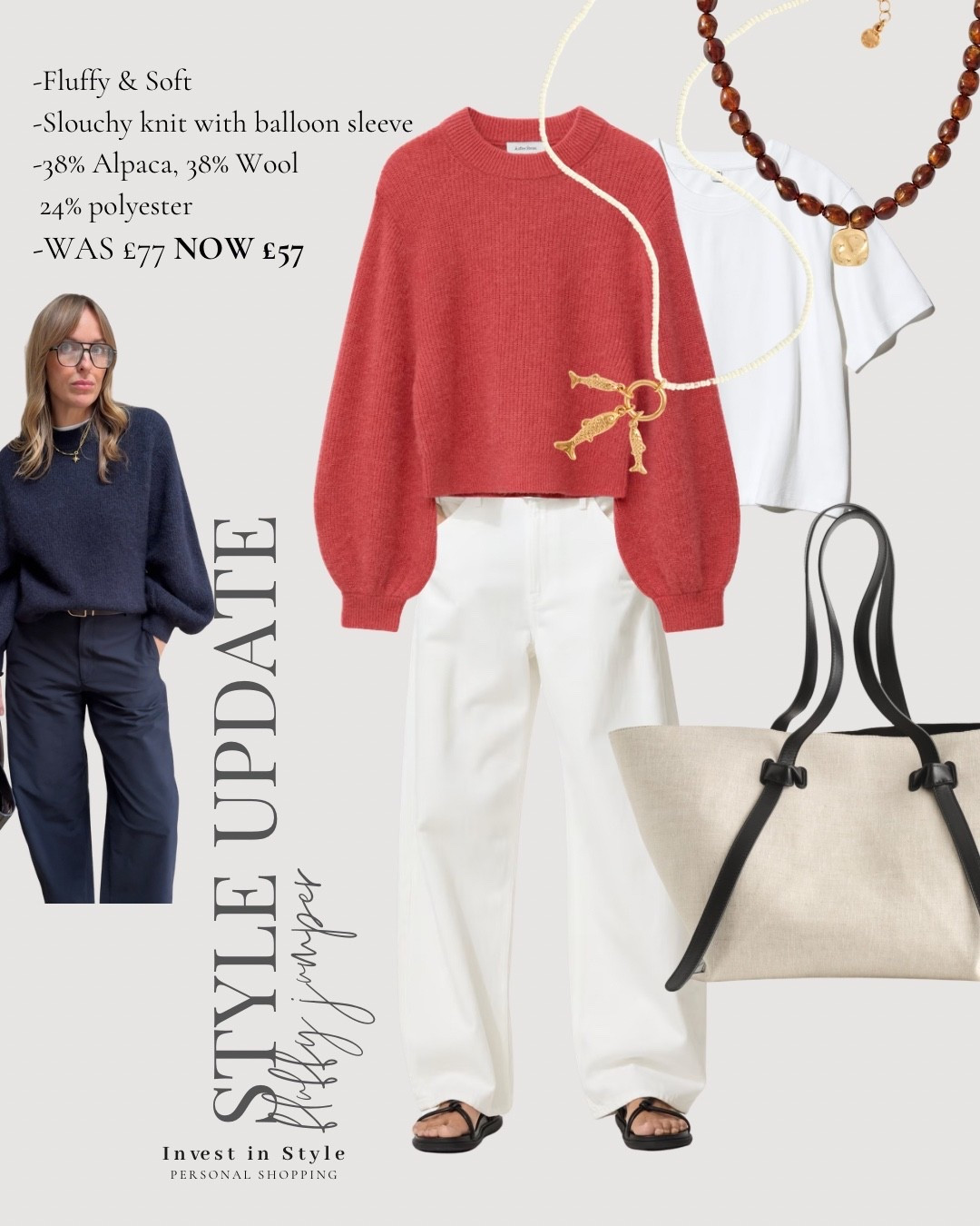 This super soft knit has just gone into the sale in coral shade 
Lovely yarn , beautiful shape , cut slightly shorter with balloon sleeves.
Style with white for instant Spring lift. 
Great with blue denim too. 
I wear the large for a slouchy fit 
Sale alpaca jumper 

In the T I wear a large 
In the jeans I wear 30 waist , 31 leg 



#LTKtravel #LTKspring #LTKsale