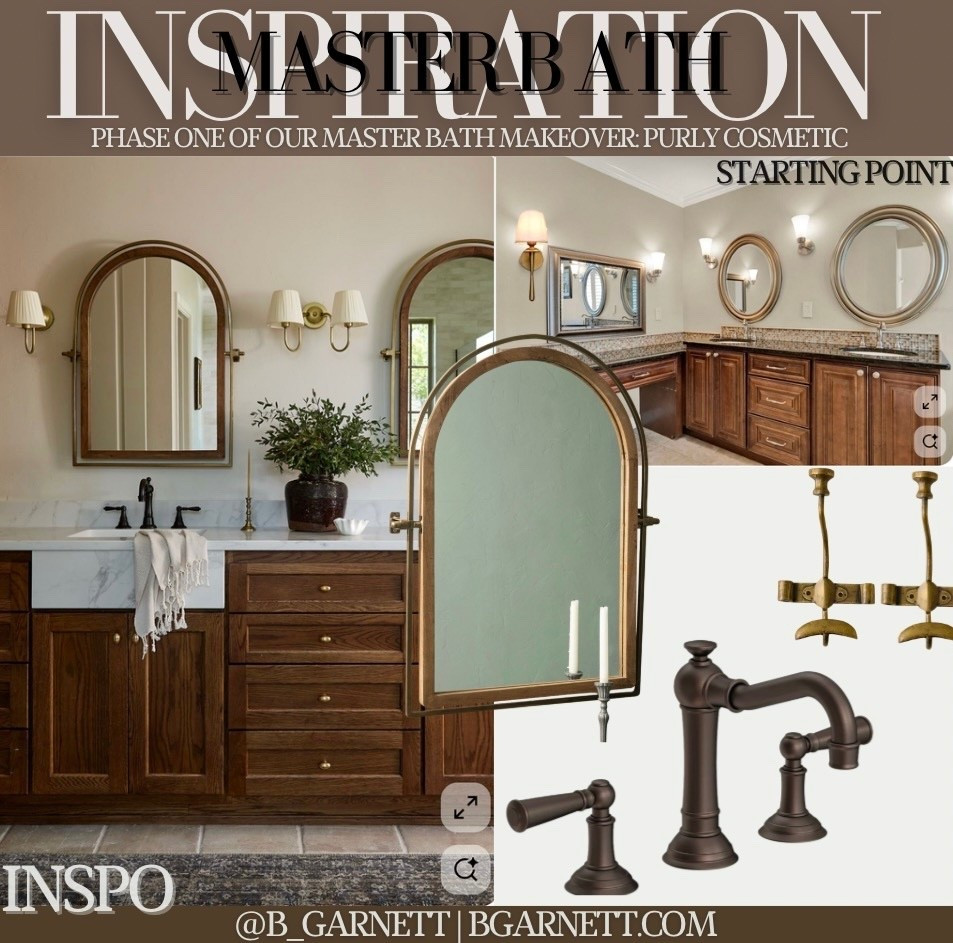 Starting to plan out phase one of your master bathroom facelift. This is purely cosmetic & will be done slowly (sort of piecemeal) before a total gutting n a few years. The goal it to work with the existing bones (tile, cabinetry, etc) and improve pine what’s there. 

Master bathroom | bathroom decor | mirror bathroom update 

#LTKHome #LTKdayinmylife #LTKFindsUnder100