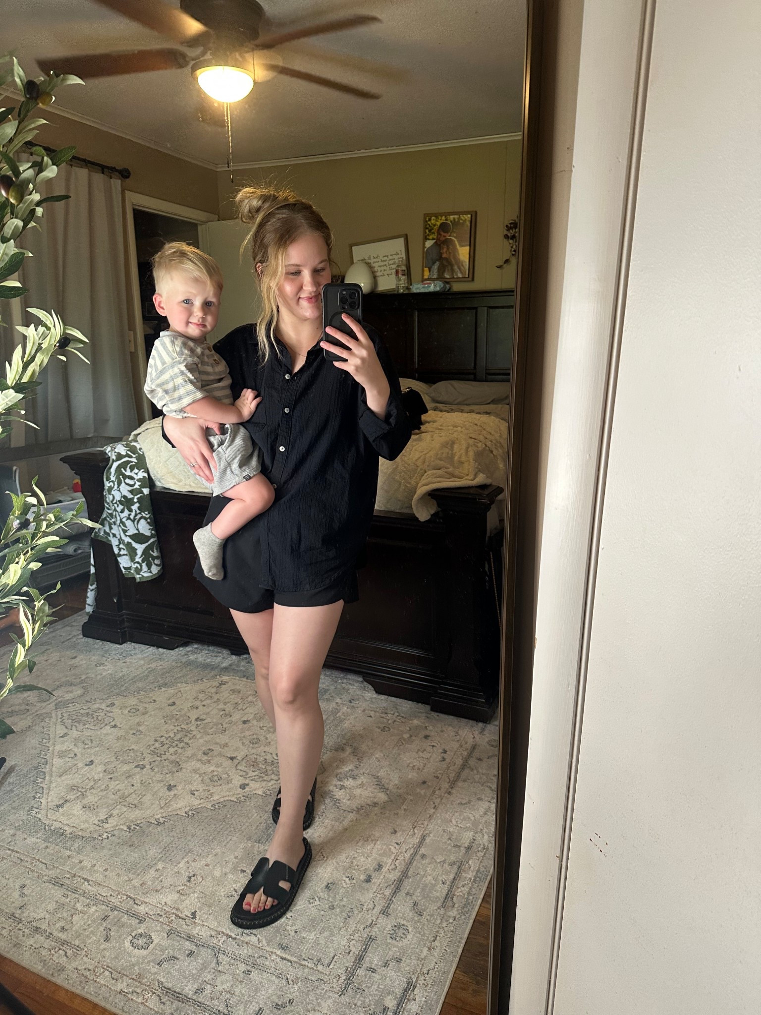 Summer outfit all black linen shirt and running shorts, my go to comfy mom outfit especially when I’m feeling bloated.. 🫠🫶🏼👶🏼 Cam’s outfit is modern moments & waffle knit material so good for summer 

Sized up to medium in top for a looser fit and bottoms are large (140lbs) 5’4 for reference 🫶🏼 8 in sandals tts 

Boys outfit Toddler Outfit Baby Outfit Mom Outfit Summer Outfits 

#LTKStyleTip #LTKActive #LTKSwim