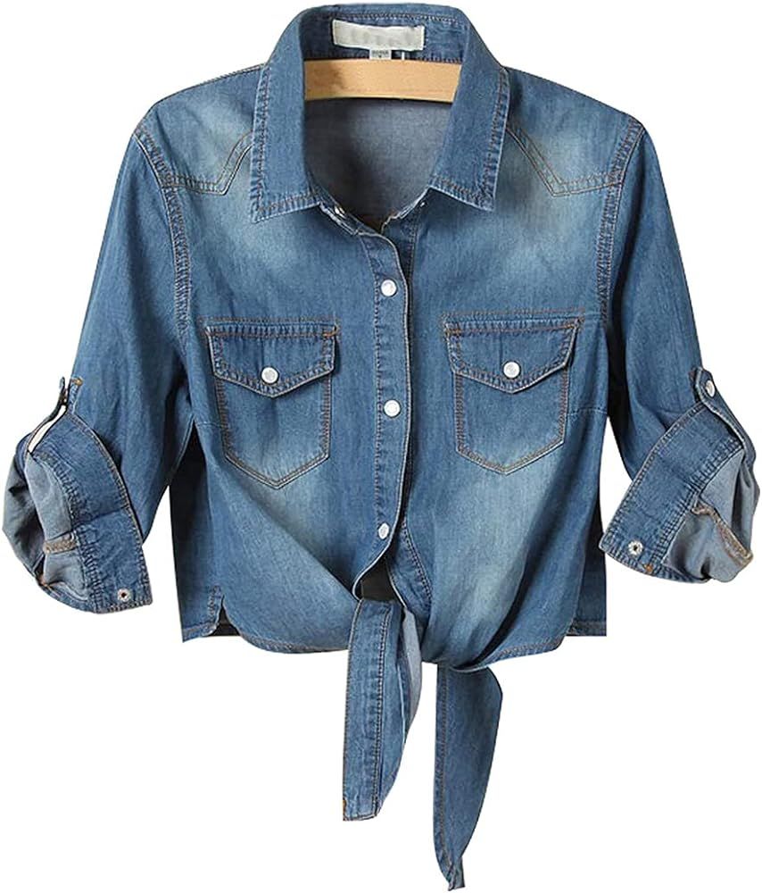 SeekMe Women's 3/4 Roll Sleeve Tie Front Knot Denim Shirt Jean Crop Top Cardigan | Amazon (US)