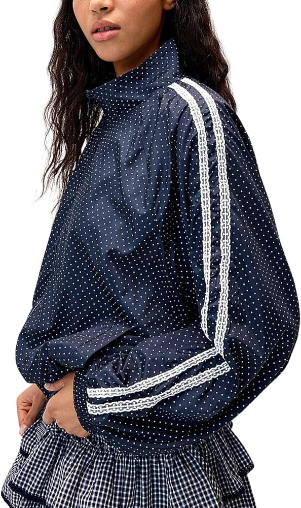 Lviefent Womens Polka Dot Zip Up Jacket Lace Trim Casual Cropped Outwear | Amazon (US)