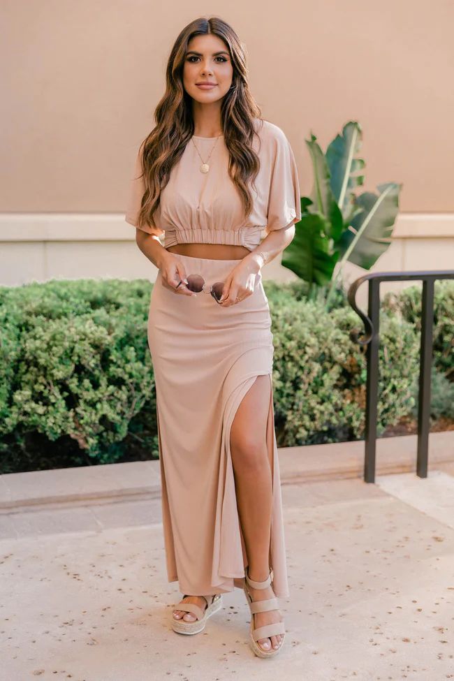Honest Hour Beige Ribbed Maxi Skirt | The Pink Lily Boutique