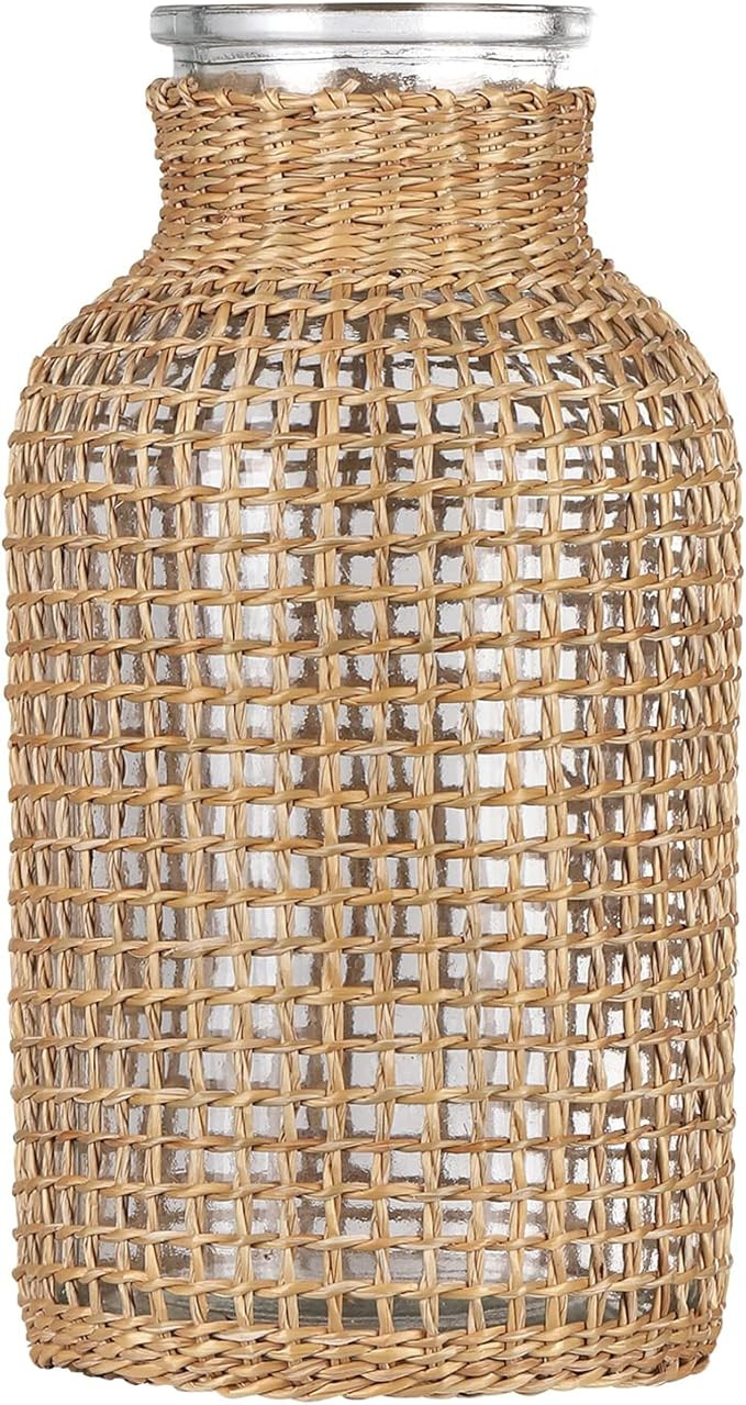 WHJY Boho Glass Vase, Rattan Vase, Farmhouse Rattan Décor, Round Flower Vase Basket Vase for Flo... | Amazon (US)
