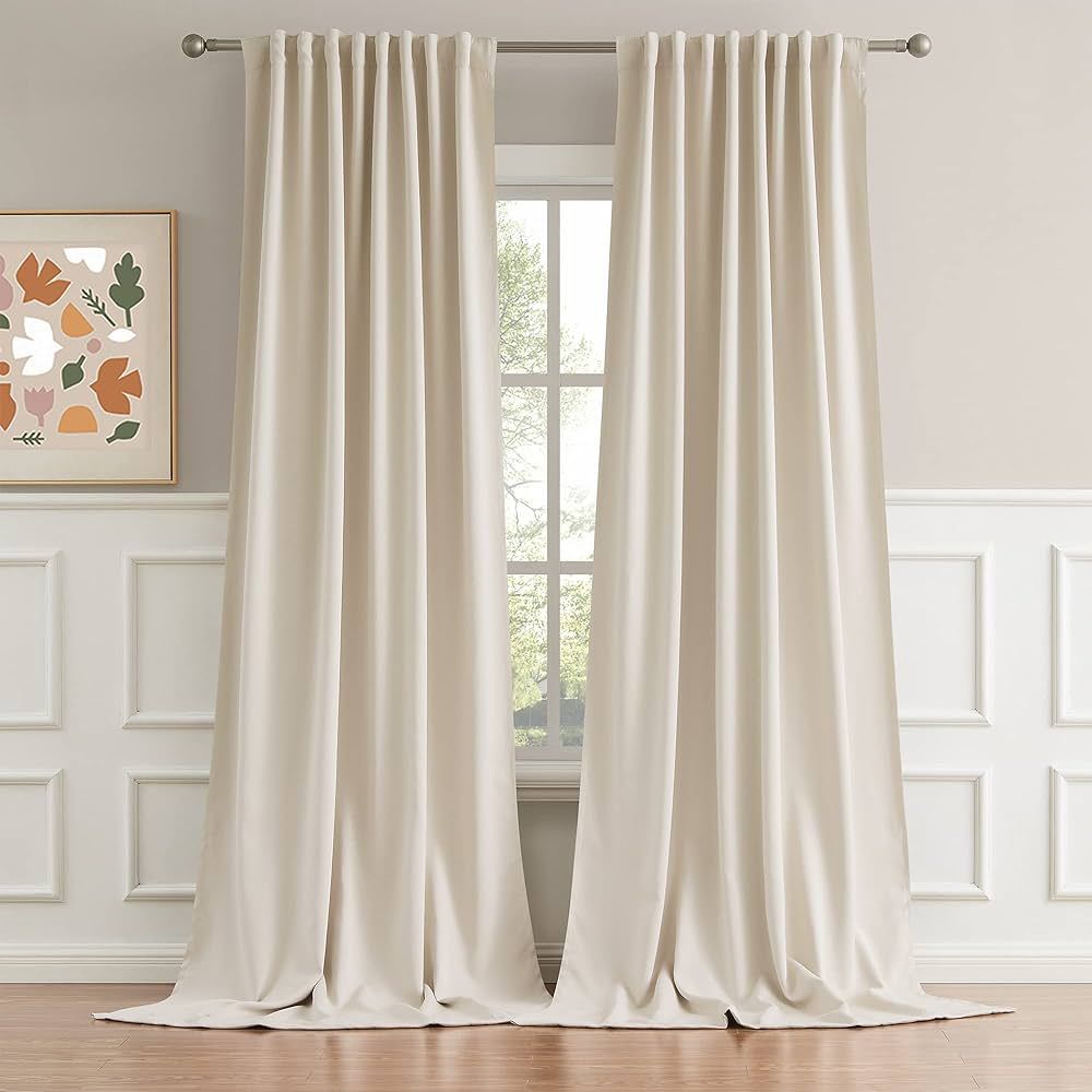 Amazon.com: DUALIFE 120 Inch Long Back Tab Cream Beige Curtains - Rod Pocket Blackout Window Drap... | Amazon (US)