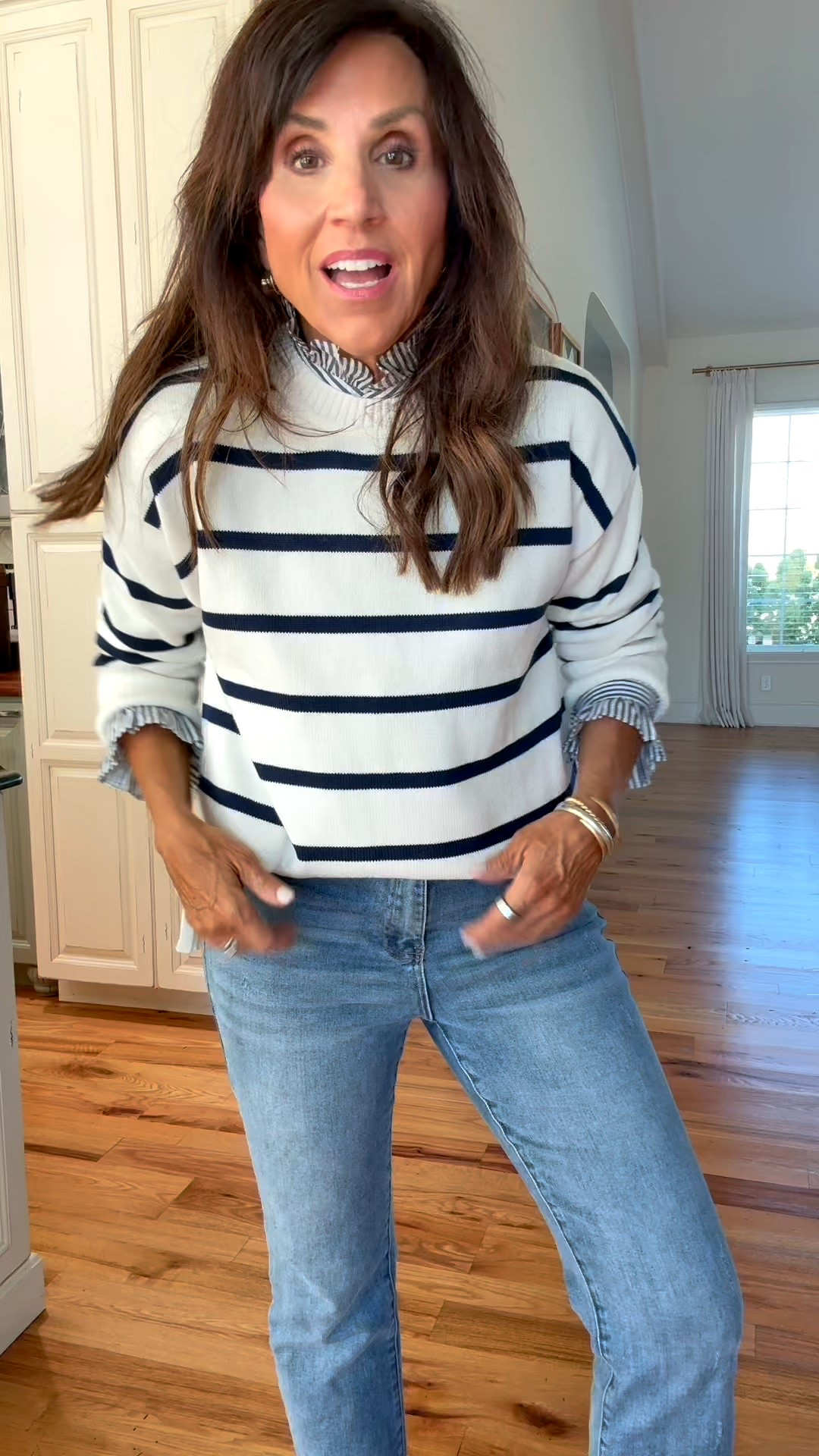 Striped blouse for the fall season 
Blouse- small
Denim - size 2 
sweater - size small

#LTKSeasonal #LTKOver40 #LTKStyleTip
