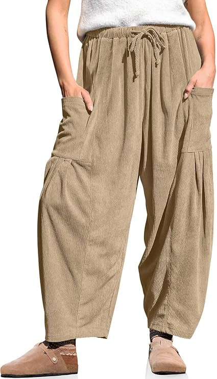 TARSE Womens Corduroy Pants Barrel Casual Loose Baggy Drawstring Wide Leg Palazzo Harem Pants wit... | Amazon (US)