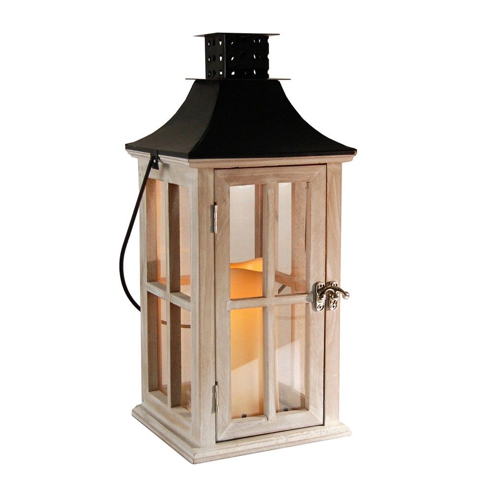 Wooden LED Lantern With Black Roof And Battery Operated Candle White - LumaBase, Beige | Target