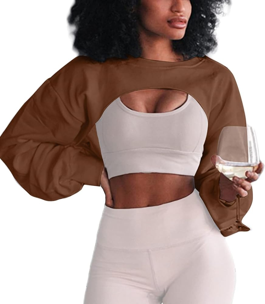 LovelyWholesale Women Crewneck Long Sleeve Crop Top Workout Gym Casual Cut out Loose Cropped Swea... | Amazon (US)