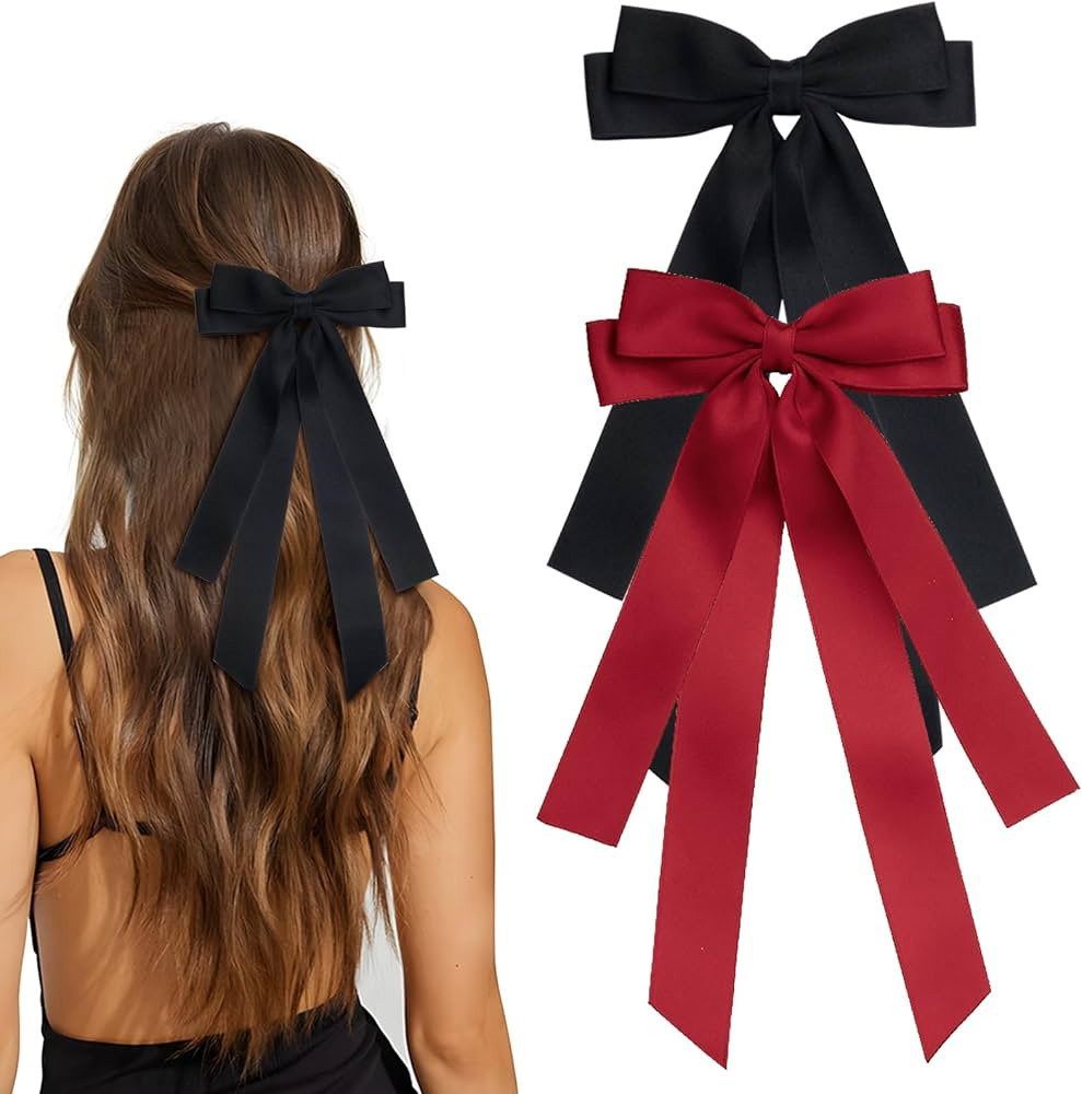 Bow Hair Clips 2PCS Set for Women and Girls - Black White Ribbon Bows for Hair, with Long Tail, A... | Amazon (US)