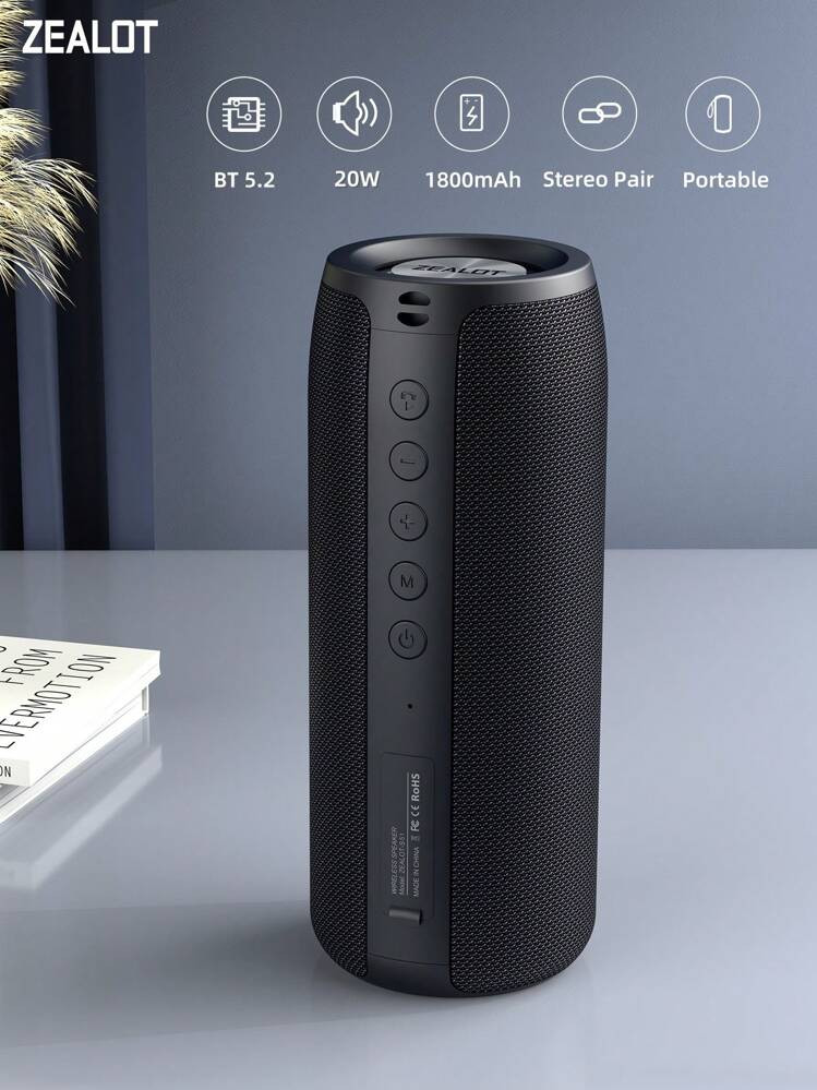 ZEALOT ZEALOT S51 20W Wireless Speaker, Outdoor Portable Subwoofer IPX5 Waterproof Speaker, TWS Supports Dual Pairing, 1800mAh Battery, 8-Hour Gaming Time With Loud Stereo Sound, Comes With Charging And Auxiliary Cables, Compatible With FM/TF/USB Cards, Supports Mobile Phones/Tablets/Computers/TVs, Suitable For Home Theaters/Outdoor Gatherings/Square Dancing | SHEIN