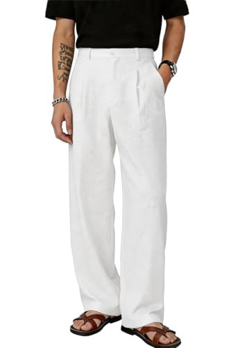 Heyfanee White Linen Pants Men Straight Leg Linen Dress Pants Summer Beach Cotton Lightweight 28-1 | Amazon (US)