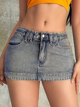Y2K Vintage Washed Low Waist  Mini Denim Skirt | SHEIN