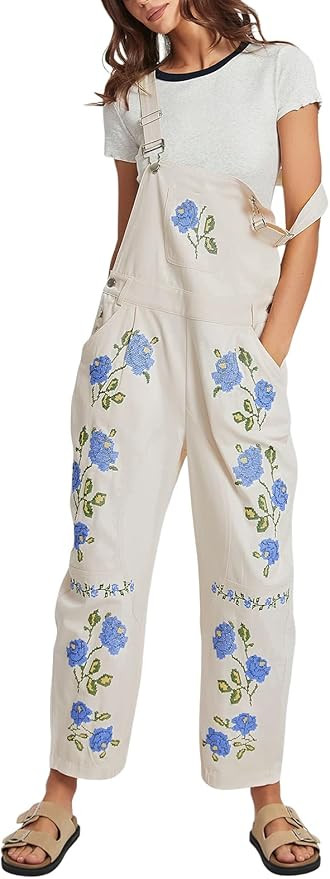 Kedera Floral Denim Overalls for Women Loose Fit Embroidered Jean Denim Bib Jumpsuit Barrel Pants... | Amazon (US)