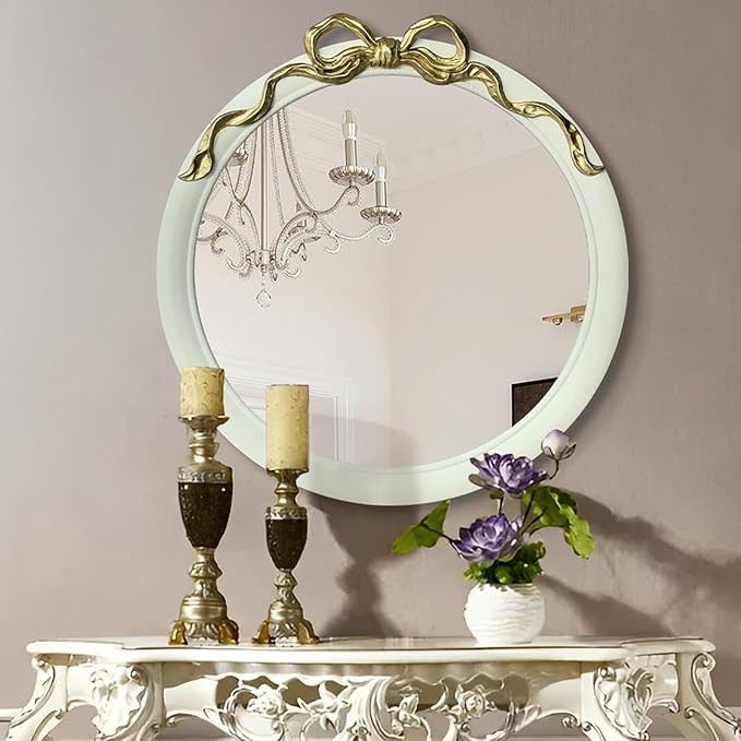 27 inch Round/Circle Wall Mirror, Vanity Bow Mirror for Wall Decor, Decorative Antique White&Gold... | Amazon (US)