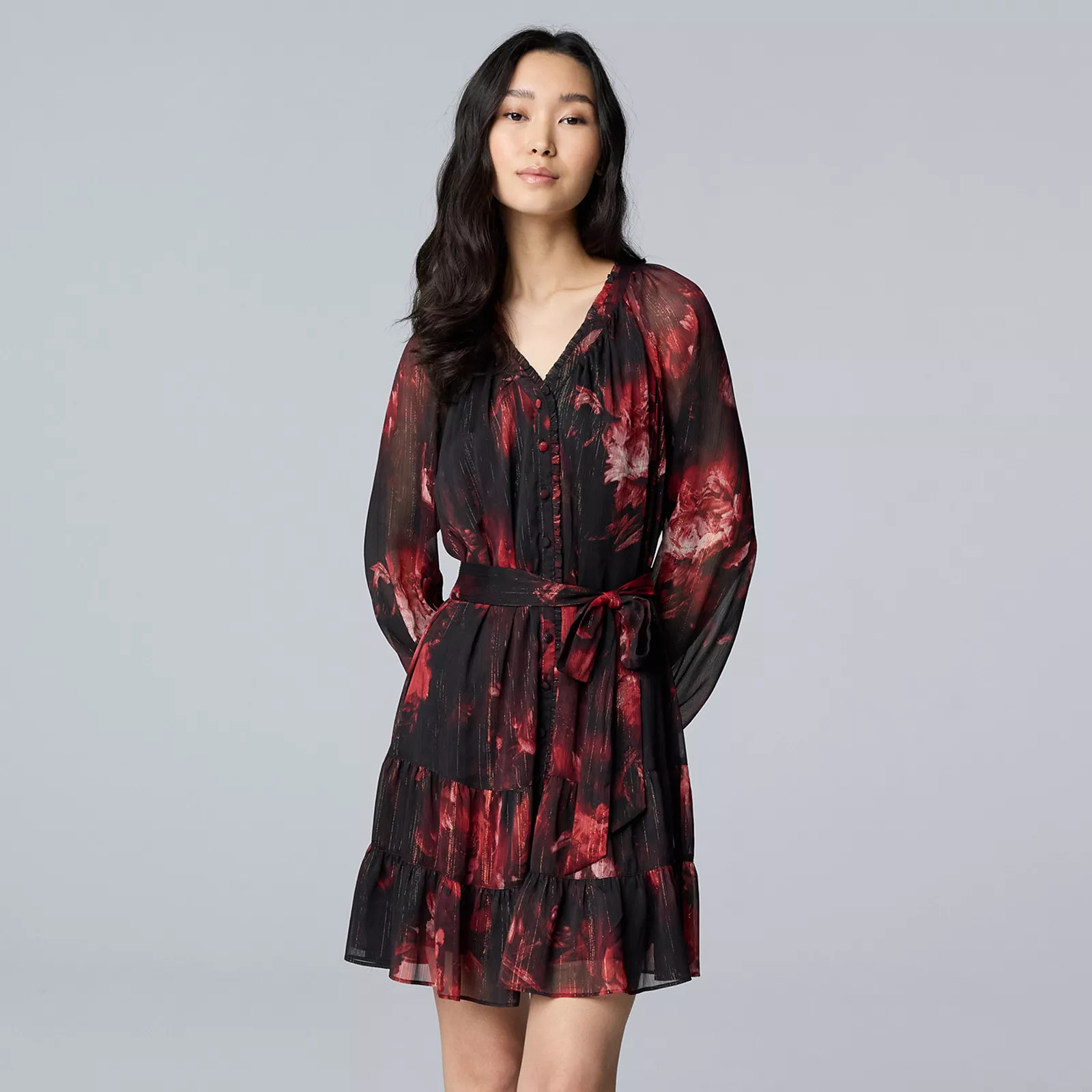 Women's Simply Vera Vera Wang Lurex Belted Short Dress, Size: Large, Red Black Floral | Kohl's