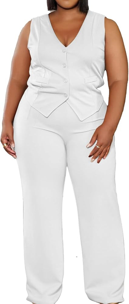 Women's Plus Size Pant Suits 2 Piece Outfits Button Vest Blazer Pockets Wide Leg Pants Sets Casua... | Amazon (US)