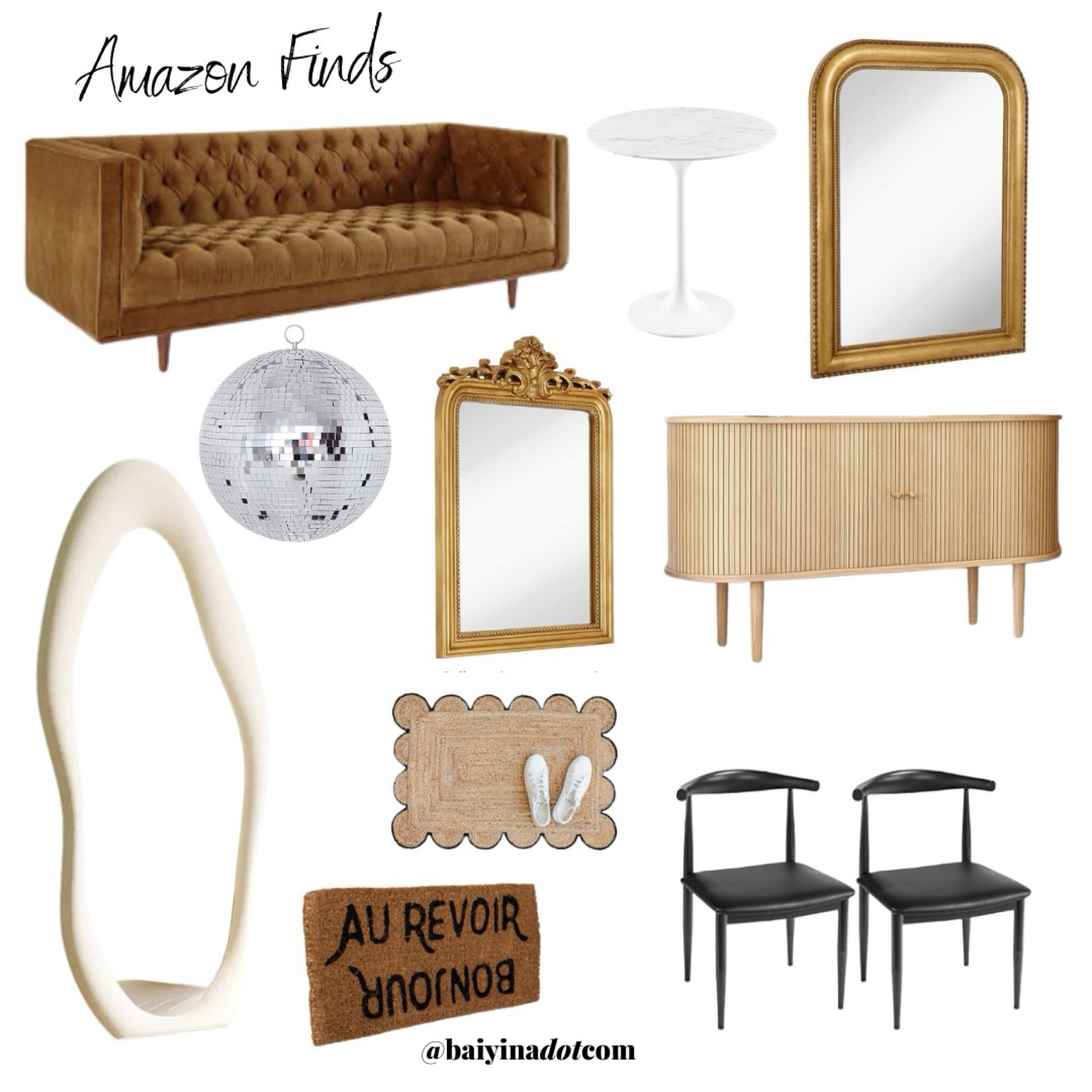 Parisian Style Amazon Tv Stand, Tufted Sofa, Gold Mirror, Neutral, Bonjour Doormat, Vintage Dining Chairs, French 

#LTKhome #LTKfindsunder100 #LTKstyletip