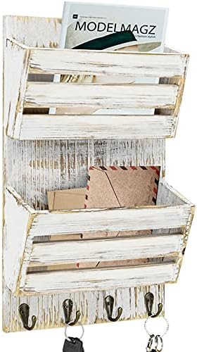 Rustic Mail Organizer Wall Mounted, 2-Slot Mail and Key Holder for Wall with 3 Double Key Hooks, ... | Amazon (US)