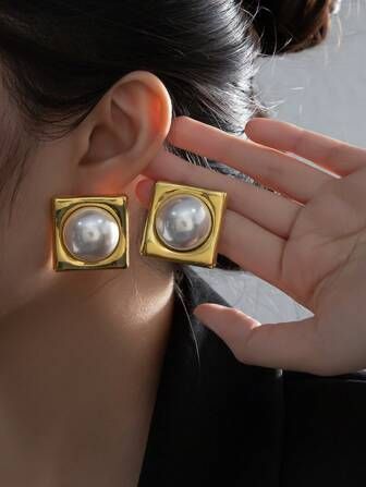 1pair Gold Square Faux Pearl Decor Statement Earrings | SHEIN