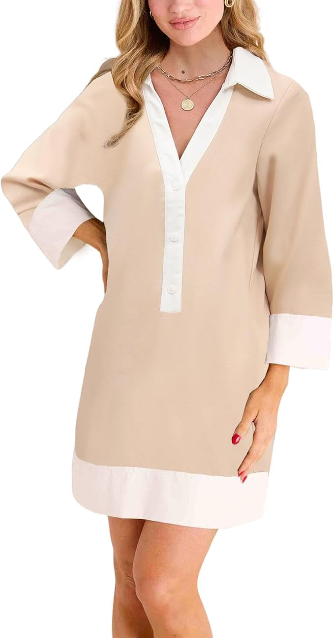 Kedera Women Botton Shirt Dress V Neck Short Sleeves Summer Linen Shift Tunic Dress with Pockets | Amazon (US)