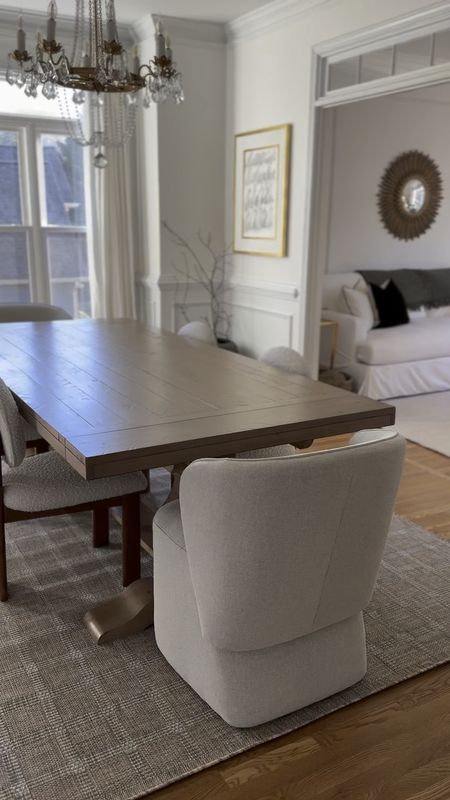 Dining room, modern organic home decor, dining chairs, boucle, farmhouse dining table, chandelier, ballard designs, loloi, amber Lewis, amazon, 

#LTKhome