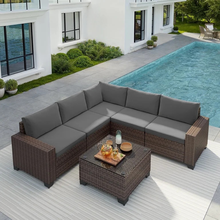 Patio Furniture Set, Asofer 6-PCS Outdoor Sectionals with Rattan Sofa & Thickened Cushions & Coff... | Walmart (US)