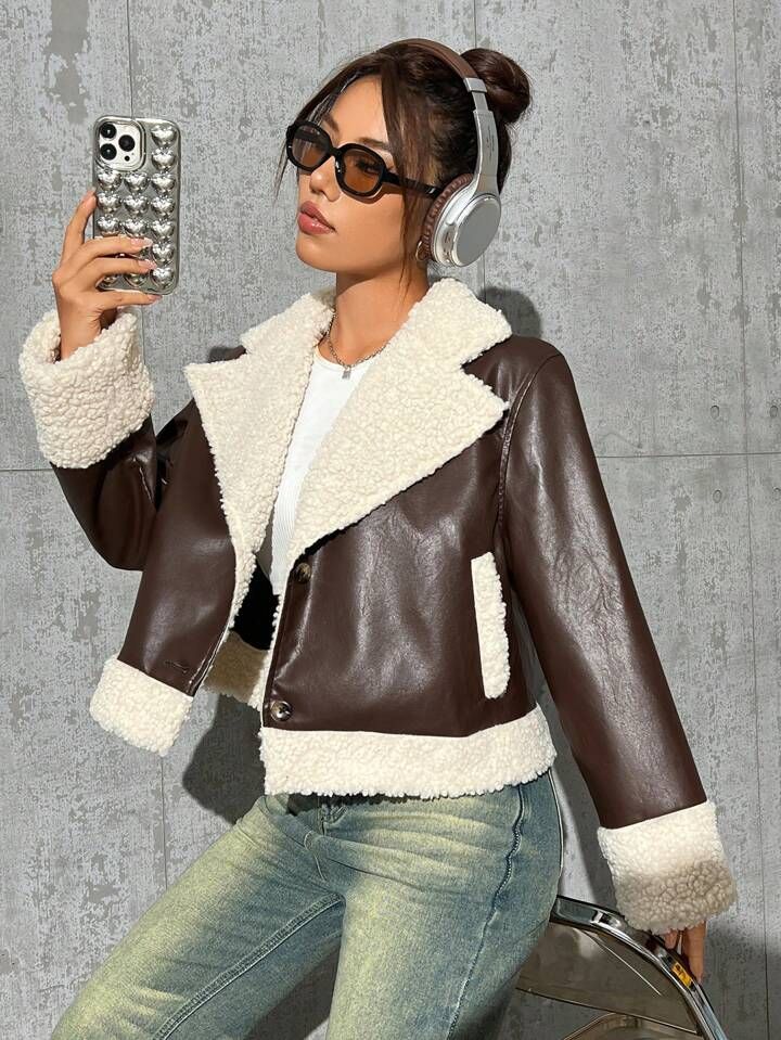 SHEIN EZwear Teddy Lined PU Leather Moto Jacket | SHEIN