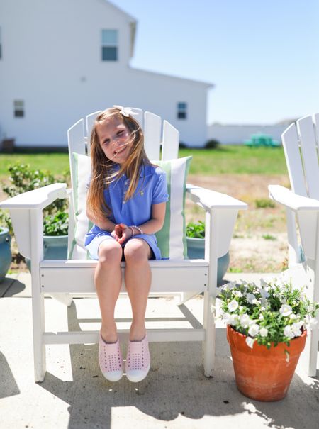 Outdoor white Adirondack chairs / toddler girl classic outfits / toddler girl blue dress / native pink girls shoes / native shoes toddler girl outfits / native kids shoes outfits / polo Ralph Lauren girls / classy girls outfits/ toddler girl summer outfits / toddler girl spring outfits 